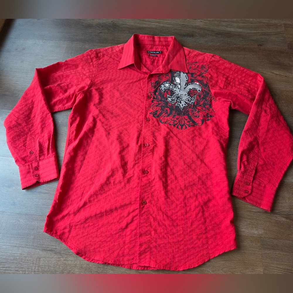 Y2K Style Revolve Shirt Mens XL Red Modern Fit Button Up Fluer de lis Lions
